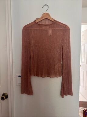 Anthropologie Metallic Sheer Long-Sleeve Top in Rust Copper